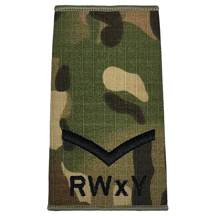 RWxY Multicam rank slide featuring a single black chevron, ideal for junior enlisted personnel in Royal Wessex Yeomanry uniforms. Lance Corporal from  John Bull Clothing