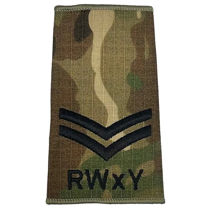 Royal Wessex Yeomanry RWxY rank slide with two black chevrons on Multicam backing, suitable for corporal rank in military attire. Corporal from  John Bull Clothing