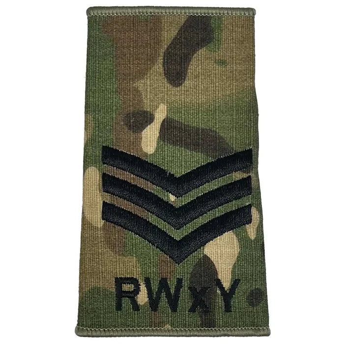 RWxY Multicam rank slide with three black chevrons, representing sergeant rank in Royal Wessex Yeomanry military uniforms. Sergeant from  John Bull Clothing