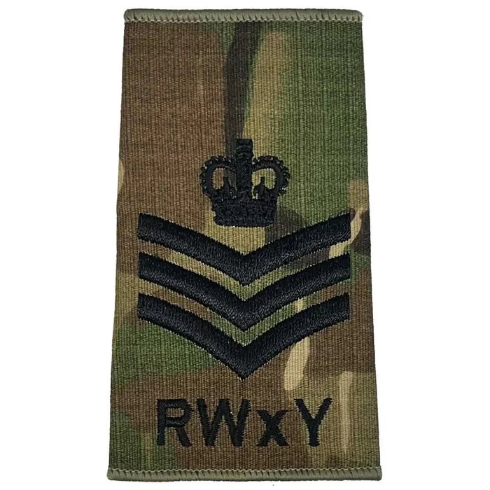 Royal Wessex Yeomanry rank slide with crown and three chevrons on Multicam, denoting staff sergeant or equivalent military rank. Staff Sergeant from  John Bull Clothing