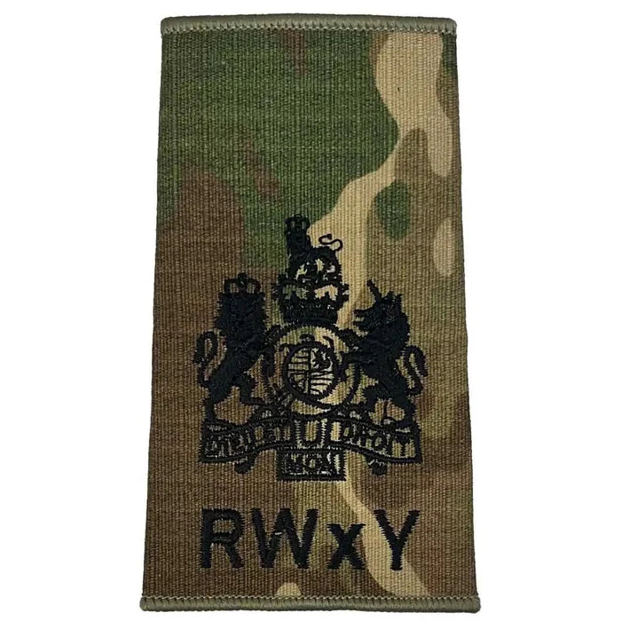 RWxY Multicam rank slide with embroidered royal coat of arms, used for senior appointments in Royal Wessex Yeomanry uniforms. WO1 from  John Bull Clothing