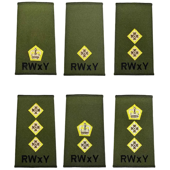 Royal Wessex Yeomanry Rank Slides Olive Green with embroidered insignia in various ranks, sold in pairs for military uniforms at John Bulls.  from  John Bull Clothing