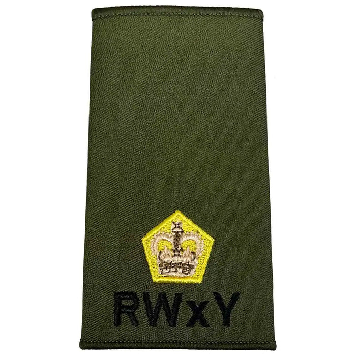 Olive green Royal Wessex Yeomanry rank slide with gold crown insignia and RWxY text, made from durable Cordura fabric. Major from  John Bull Clothing