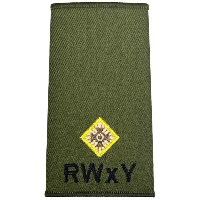 Single Royal Wessex Yeomanry olive green rank slide featuring one embroidered star and RWxY text, ideal for military uniform use. 2nd LT from  John Bull Clothing