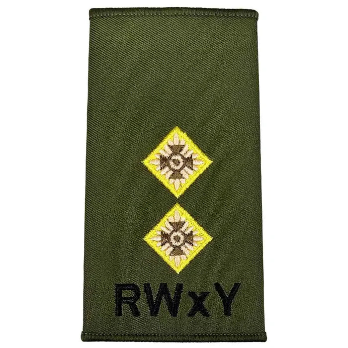 Royal Wessex Yeomanry olive green rank slide with two embroidered stars and RWxY text, crafted for military apparel. LT from  John Bull Clothing