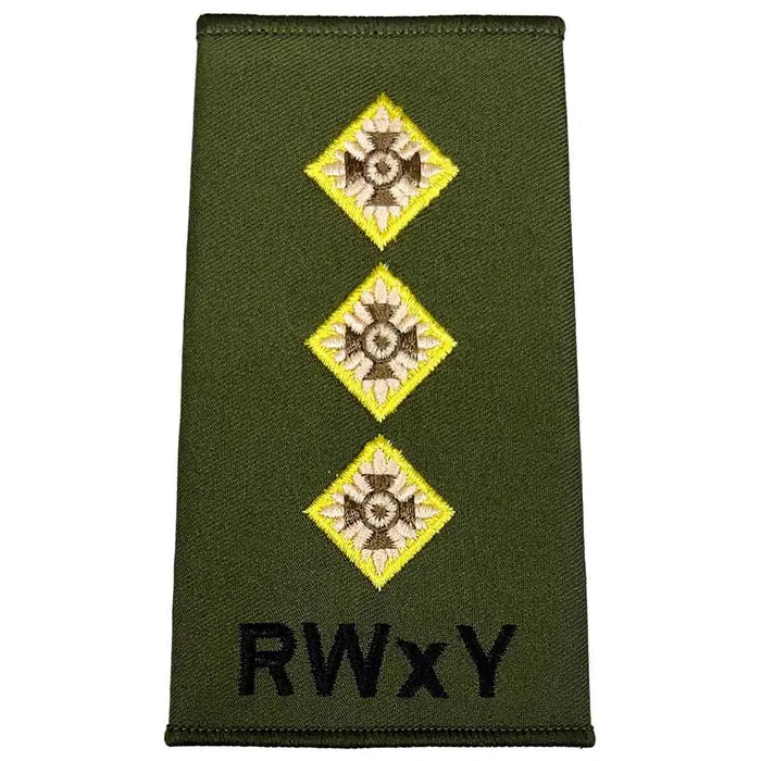 Triple-star Royal Wessex Yeomanry rank slide in olive green with RWxY text, suitable for military uniforms and made from Cordura. Captain from  John Bull Clothing
