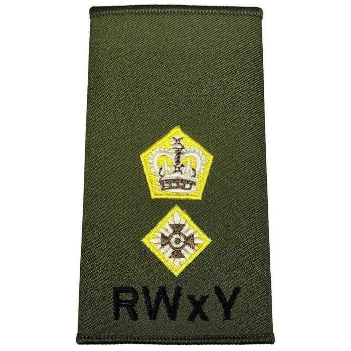 Royal Wessex Yeomanry olive green rank slide with crown and star embroidery, featuring RWxY text for military uniform identification. LT Colonel from  John Bull Clothing
