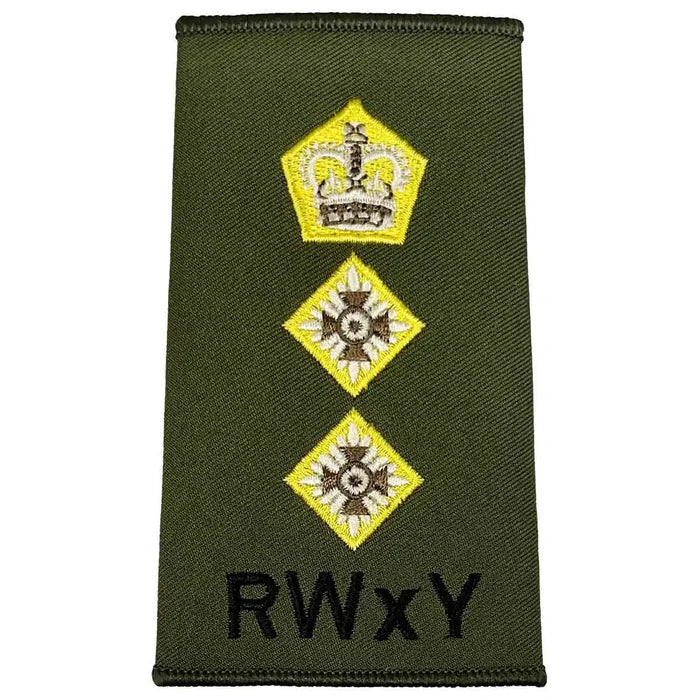 Olive green Royal Wessex Yeomanry rank slide with crown and two stars, embroidered with RWxY text for military uniform use. Colonel from  John Bull Clothing