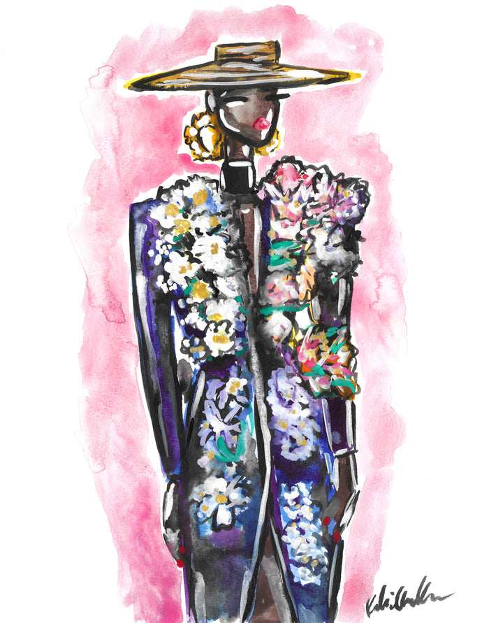 Schiaparelli Flower Jacket Girl Watercolor Painting