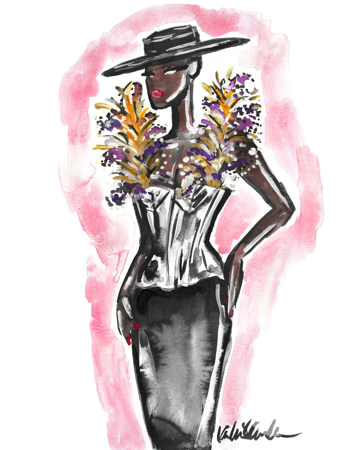 Schiaparelli Gold Floral Girl Watercolor Painting