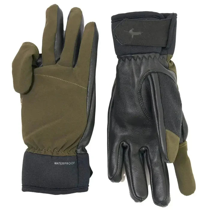 Pair of Sealskinz Broome Waterproof All Weather Shooting Gloves in green and black, featuring waterproof material and adjustable wrist strap.  from  John Bull Clothing
