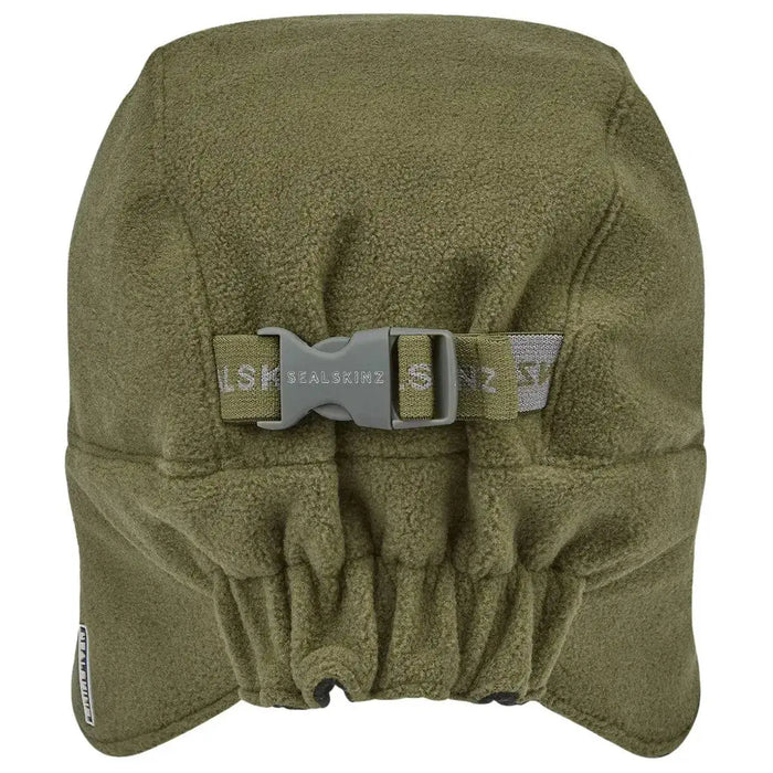Back view of the SealSkinz Fincham Waterproof Extreme Cold Micro Fleece Hat in olive green, featuring an adjustable strap for a secure fit.  from  John Bull Clothing