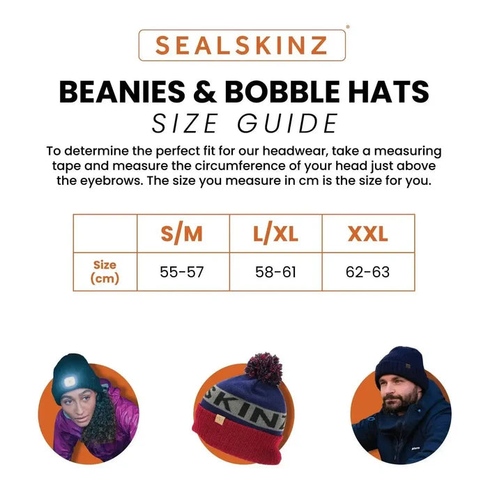 SealSkinz beanies and bobble hats size guide, providing head circumference measurements in centimeters for S/M, L/XL, and XXL sizes.  from  John Bull Clothing