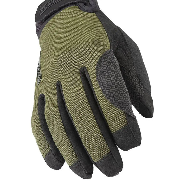 Close-up of SealSkinz Harling Waterproof All Weather Glove in green, showcasing reinforced grip and durable fabric for outdoor use. Olive Green from  John Bull Clothing