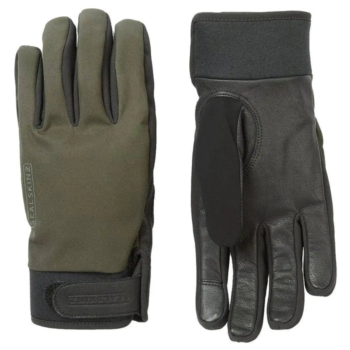 SealSkinz Kelling Waterproof Gloves All Weather Insulated in green and black, featuring durable leather palms and adjustable wrist straps.  from  John Bull Clothing