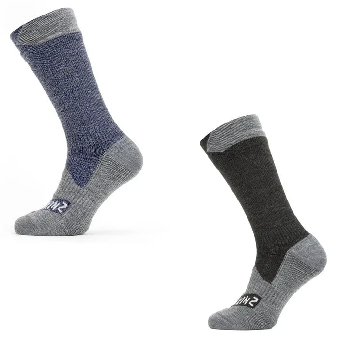 Sealskinz Raynham Waterproof Sock All Weather Mid Length in blue and black, designed for warmth, breathability, and protection in various conditions.  from  John Bull Clothing