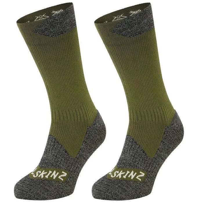 Sealskinz Raynham Waterproof Sock All Weather Mid Length in olive green with reinforced heel and toe, offering durability and weather resistance. Olive Green/Grey Marl from  John Bull Clothing