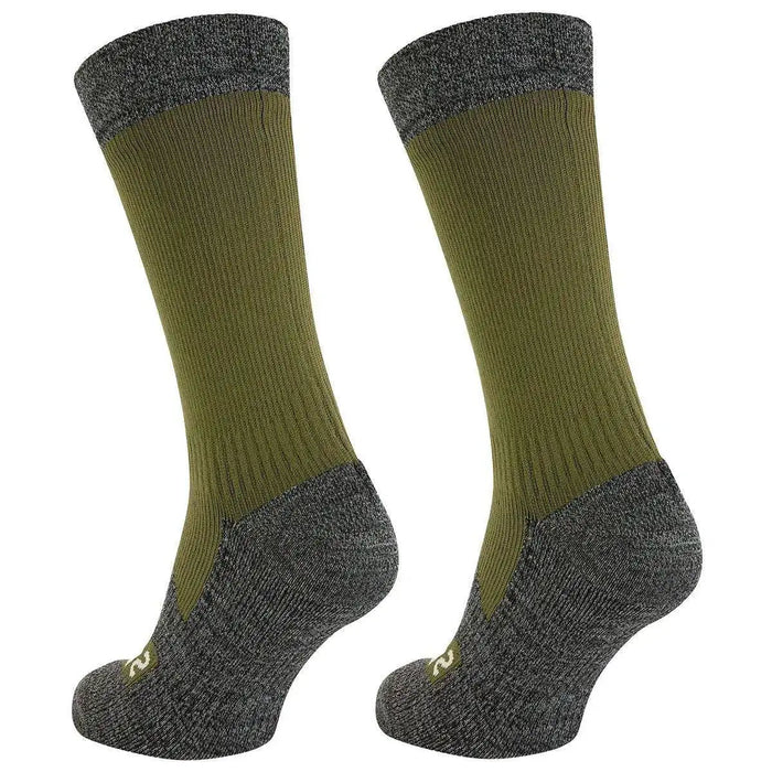 Pair of Sealskinz Raynham Waterproof Sock All Weather Mid Length in olive green, featuring ribbed texture and moisture-wicking fabric for comfort.  from  John Bull Clothing