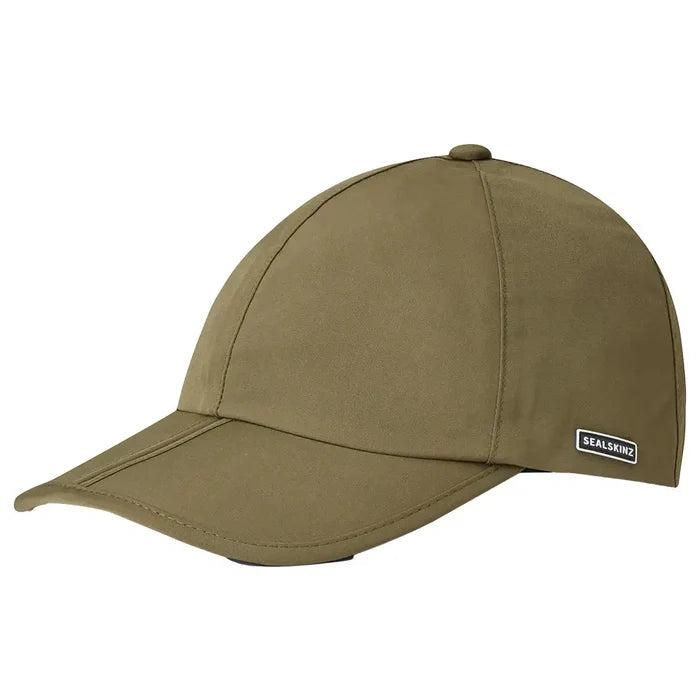 Olive green Sealskinz Salle Waterproof Foldable Peak Cap featuring a sleek design and side logo patch, perfect for rain or shine. Olive Green from  John Bull Clothing