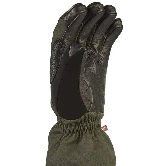 Close-up of the SealSkinz Southery Waterproof Extreme Cold Weather Gauntlet in green, showcasing reinforced leather palm and ergonomic design.  from  John Bull Clothing
