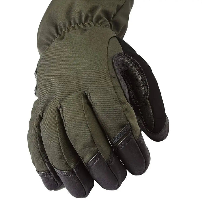 Detailed view of the SealSkinz Southery Waterproof Extreme Cold Weather Gauntlet in green, highlighting durable stitching and grip-enhancing fingertips. Olive Green from  John Bull Clothing
