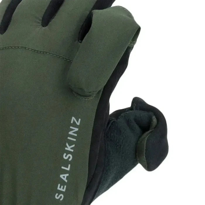 Close-up of Sealskinz Stanford Waterproof All Weather Sporting Glove highlighting the foldable trigger finger and durable stitching for outdoor performance.  from  John Bull Clothing
