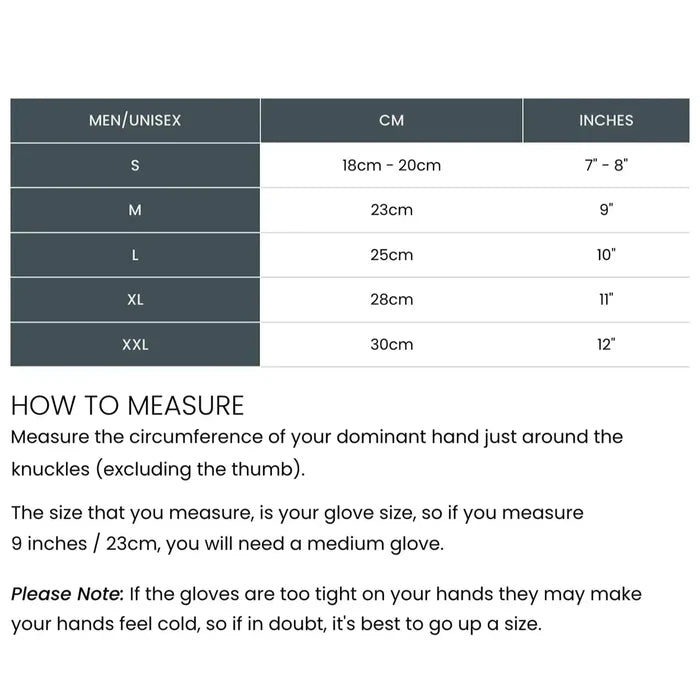 Size chart for Sealskinz Stanford Waterproof All Weather Sporting Gloves showing glove sizes from S to XL in cm and inches. Includes measuring instructions.  from  John Bull Clothing