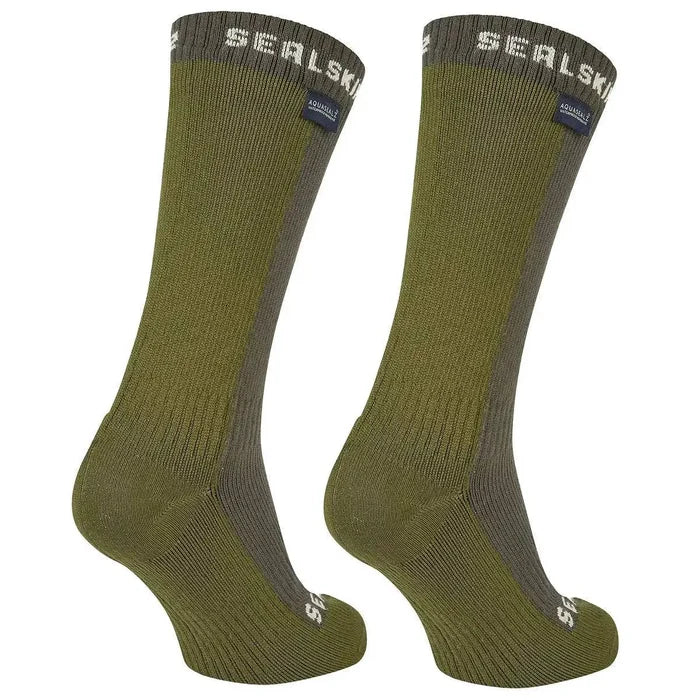 Rear view of SealSkinz Starston Waterproof Cold Weather Mid Length Socks in olive green, showcasing ribbed texture and reinforced heel for durability and comfort.  from  John Bull Clothing