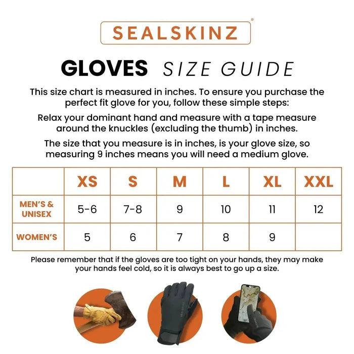 SealSkinz gloves size guide chart, providing measurements for men's and women's glove sizes to ensure a perfect fit for outdoor protection.  from  John Bull Clothing