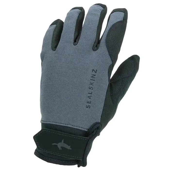 Close-up of Sealskinz Waterproof All Weather Glove in grey and black, featuring durable polyester material and waterproof construction.  from  John Bull Clothing