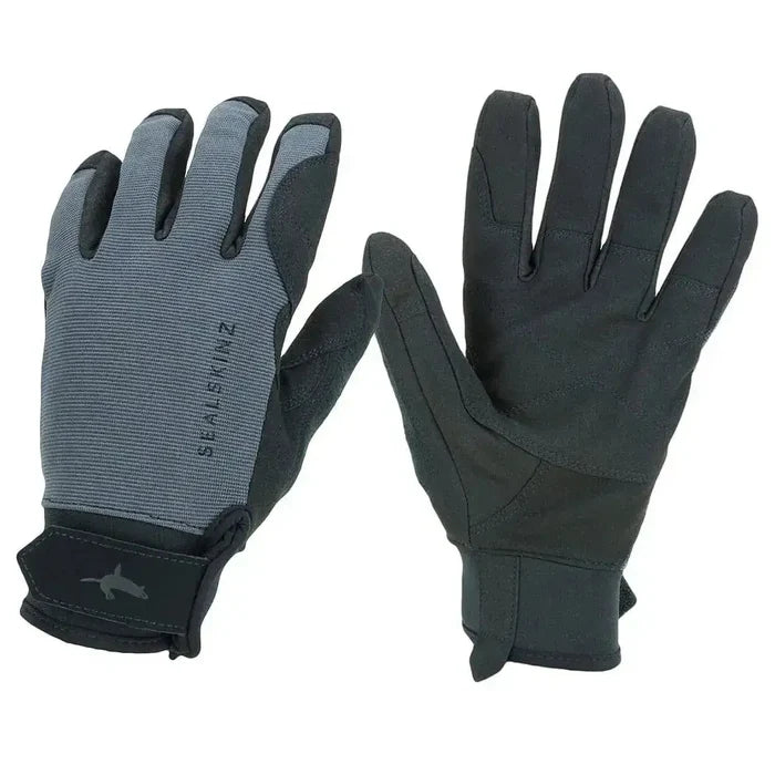 Front and back view of Sealskinz Waterproof All Weather Gloves in grey and black, showcasing ergonomic fit and waterproof features. Grey/Black from  John Bull Clothing