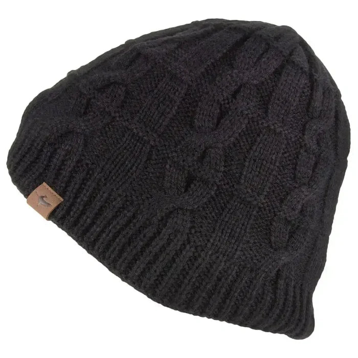Black Sealskinz Waterproof Cold Weather Cable Knit Beanie with a ribbed brim and cable knit design. Ideal for warmth and protection in wet weather. Black from  John Bull Clothing