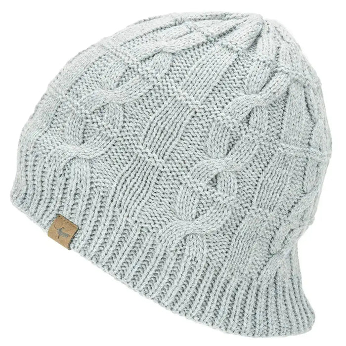 Light gray Sealskinz Waterproof Cold Weather Cable Knit Beanie featuring a classic cable knit pattern. Designed for warmth and waterproof protection. Grey from  John Bull Clothing