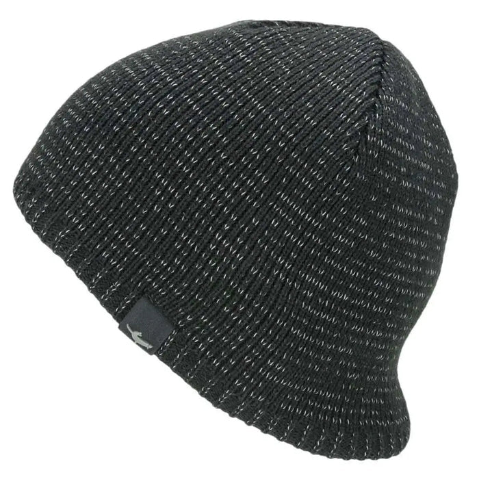 Sealskinz Waterproof Cold Weather Reflective Beanie Hat in black with reflective stitching. A warm and waterproof knit hat designed for outdoor activities.  from  John Bull Clothing