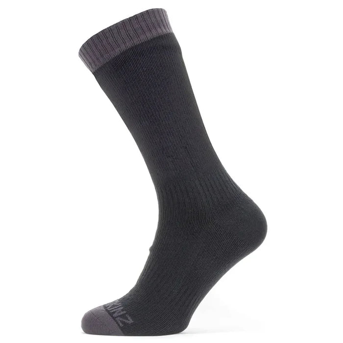 Sealskinz Waterproof Warm Weather Mid Length Sock in black with a gray cuff and toe. Features a hydrophilic waterproof membrane for moisture management. Black from  John Bull Clothing