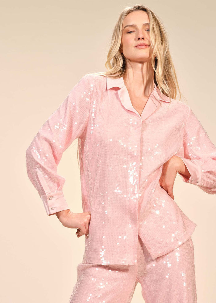 Sequin Button Down Notch Collar Blouse