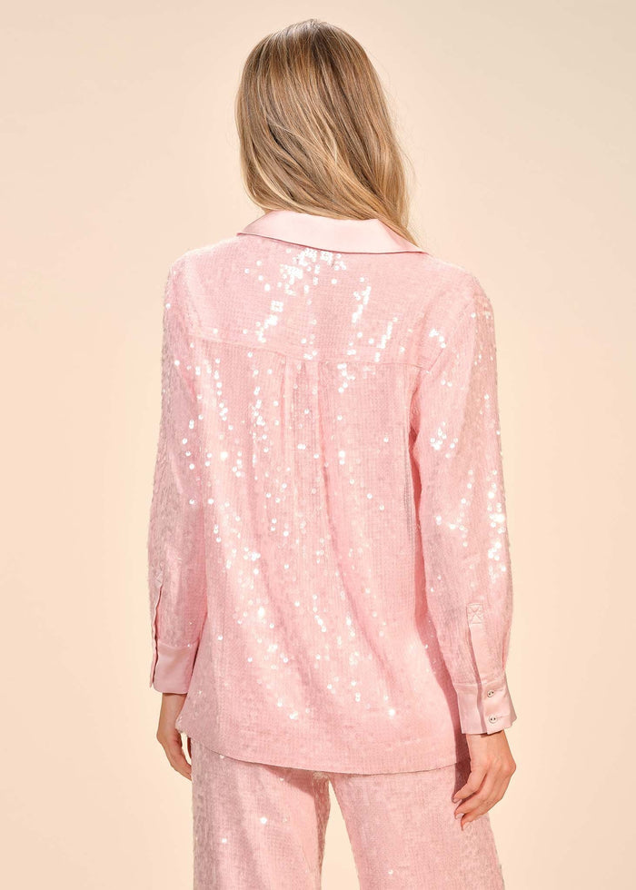 Sequin Button Down Notch Collar Blouse
