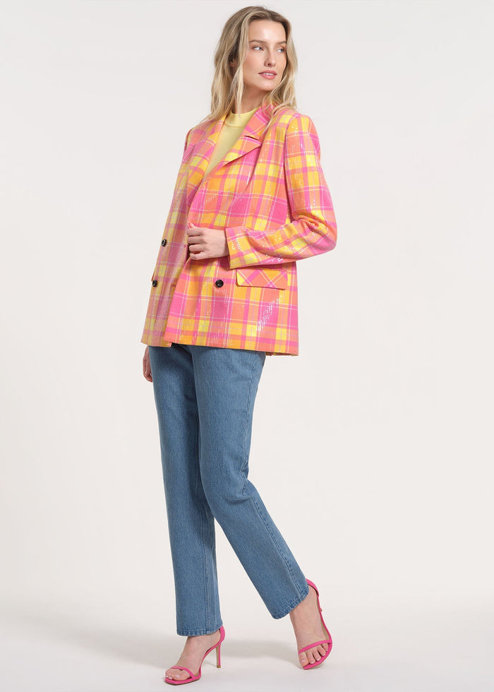 Sequin-Embellished Plaid Blazer with Tailored Fit