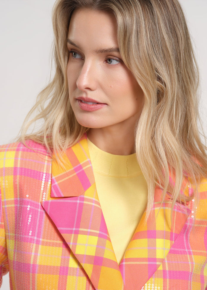 Sequin-Embellished Plaid Blazer with Tailored Fit