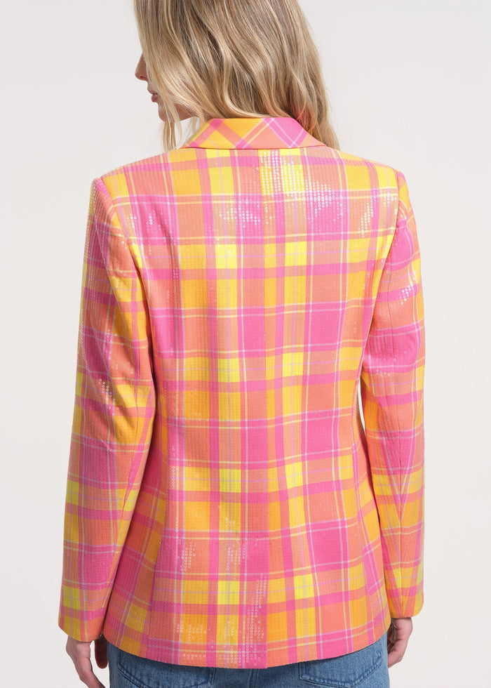 Sequin-Embellished Plaid Blazer with Tailored Fit