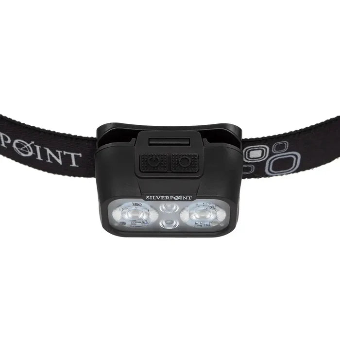 Front view of Silverpoint Ranger Head Torch RC540 showing dual LED lights and control buttons, designed for night navigation and work.  from  John Bull Clothing