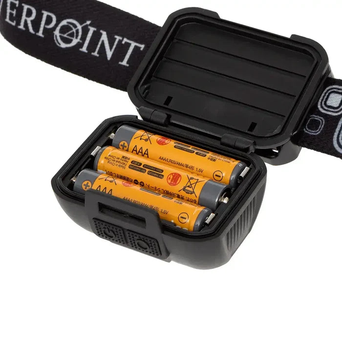 Battery compartment of Silverpoint Ranger Head Torch RC540 open with three AAA batteries, offering rechargeable or battery-powered options.  from  John Bull Clothing