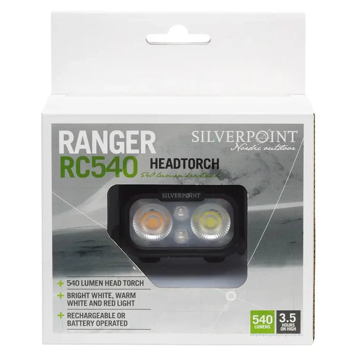 Retail packaging of Silverpoint Ranger Head Torch RC540 highlighting 540 lumens, red light feature, and dual power options for outdoor use.  from  John Bull Clothing
