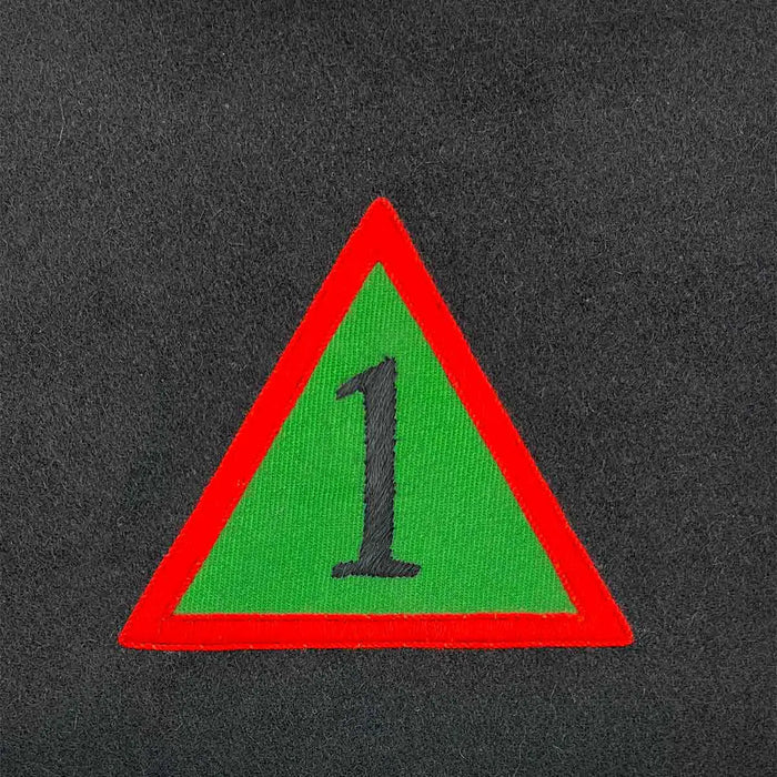Triangular military insignia with a red border and green background featuring the number 1. Ideal for Army presentation frames and military memorabilia. 1 Armoured from  John Bull Clothing
