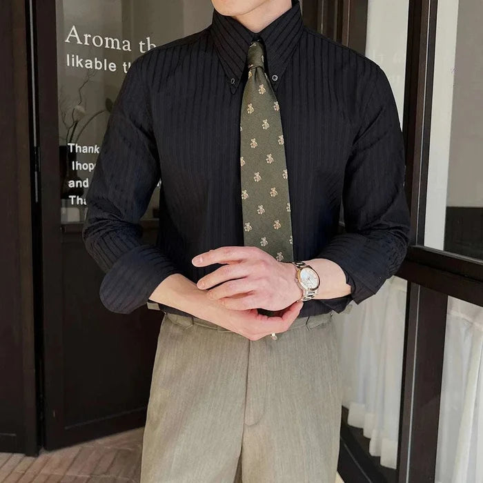 Slim-fit pointed collar striped shirt - AntoniosClothing - Black
