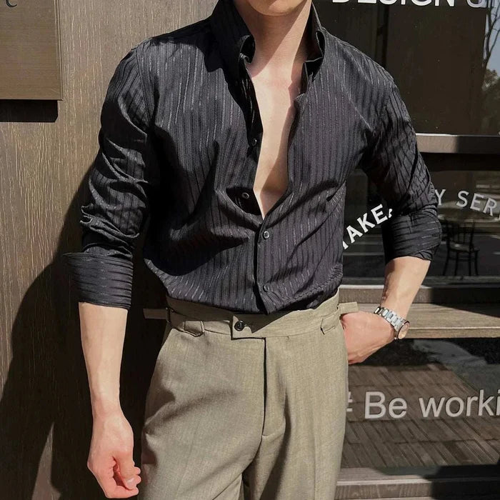 Slim-fit pointed collar striped shirt - AntoniosClothing - Beige