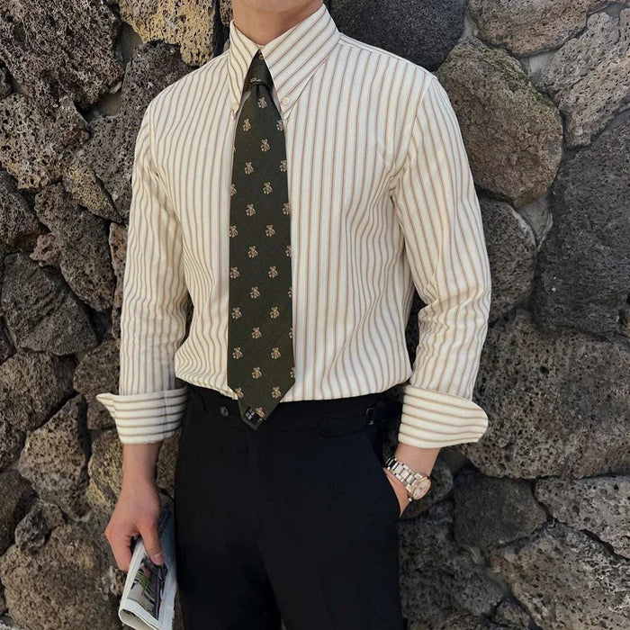 Slim-fit pointed collar striped shirt - AntoniosClothing - Brown