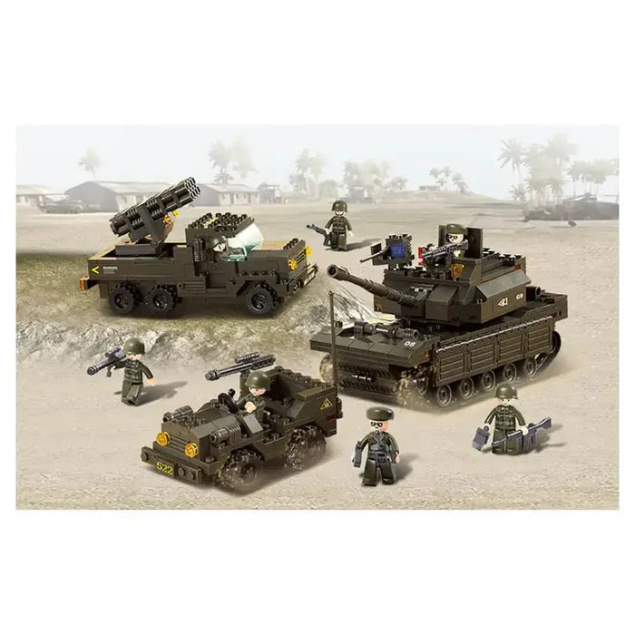 Sluban Army Land Forces Set M38-B6800 displayed in a battlefield setting with a tank, jeep, missile truck, and soldier figures for imaginative play.  from  John Bull Clothing