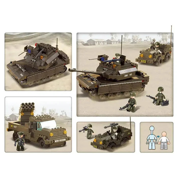 Close-up views of the Sluban Army Land Forces Set M38-B6800, showcasing detailed military vehicles and soldier figures in a desert combat scene.  from  John Bull Clothing