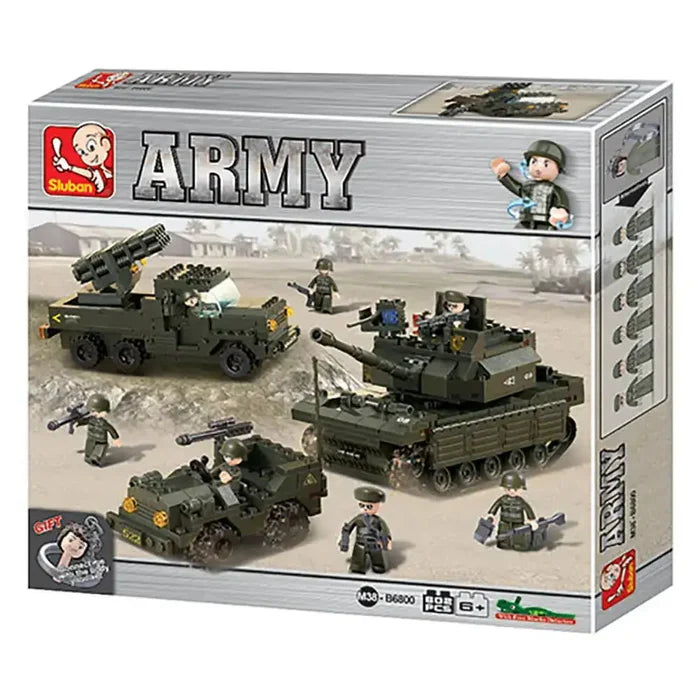 Sluban Army Land Forces Set M38-B6800 packaging displaying military vehicles and soldier figures, a fun construction toy for kids aged 6 and up.  from  John Bull Clothing